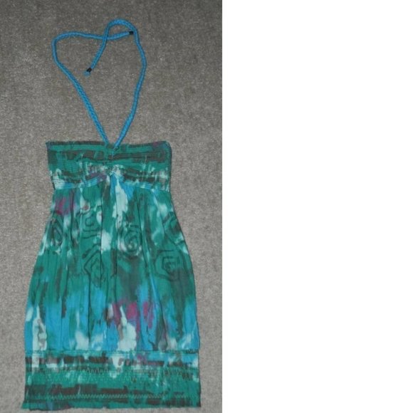 Womens Halter Tunic Mudd Blue Medium Braided Straps Tie Dye Banded Hem Stretch - Picture 1 of 2